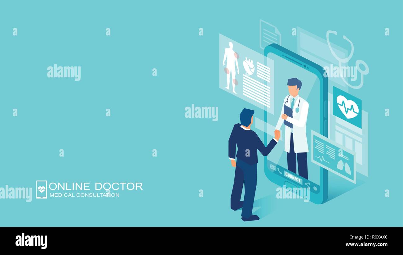Vektor eines Patienten zu einem Arzt online über ein Smartphone Technologie, online medizinische Beratung Stock Vektor