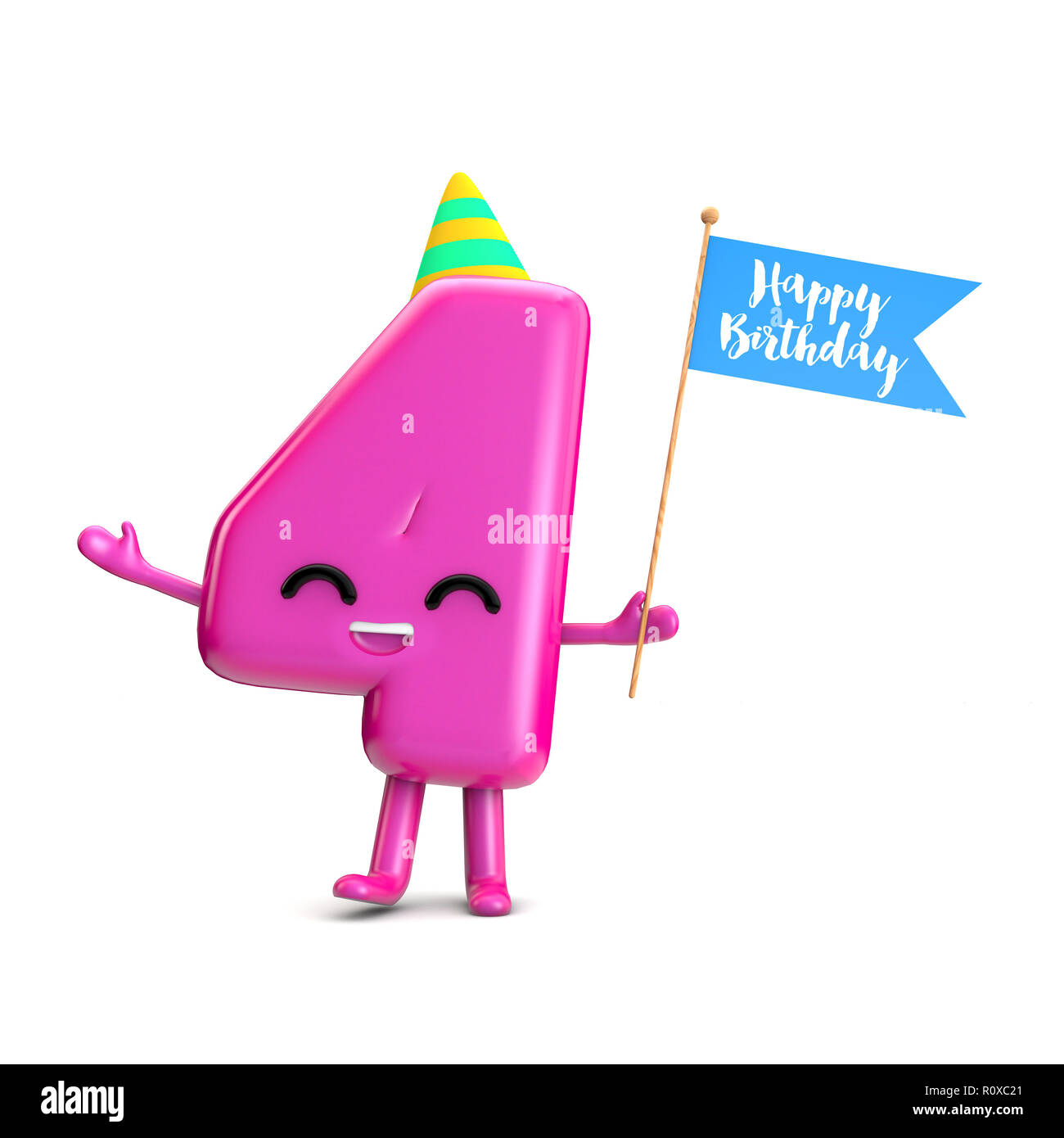 Glücklich 4. Geburtstag niedlichen Charakter mit Hut und Flagge. 3D-Rendering Stockfoto