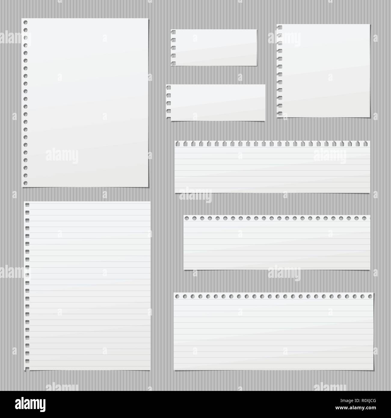 Weiß gesäumt Hinweis, notebook Papier auf Grau gefüttert Hintergrund geklebt. Vector Illustration. Stock Vektor