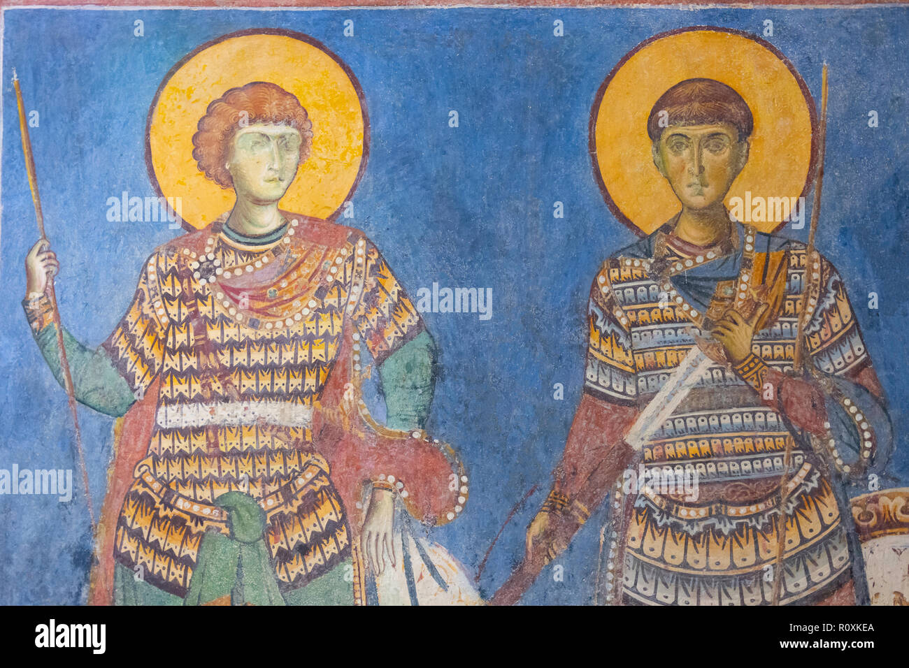 Frescoe innerhalb der byzantinischen Kirche St. Panteleimon, Gorno Nerezi, Skopje, Skopje Region, Republik Nördlich Mazedonien Stockfoto