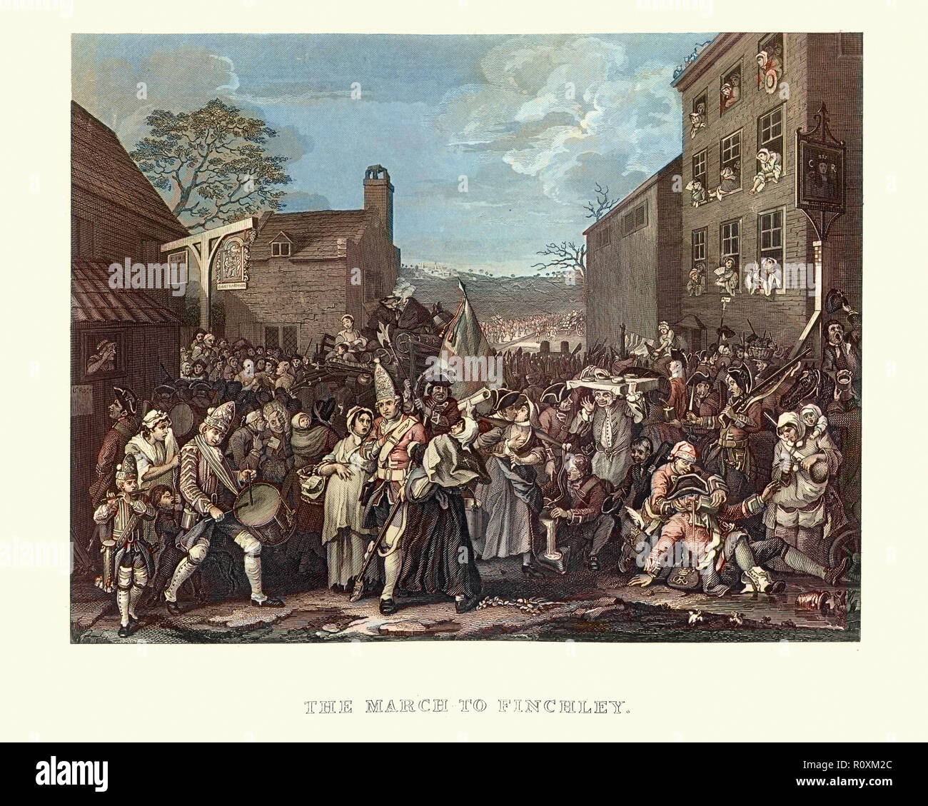 Vintage Gravur der März der Wachen bis Finchley von William Hogarth, 1750. Auch als der März bis Finchley oder der März der Wachen bekannt. Die Stockfoto