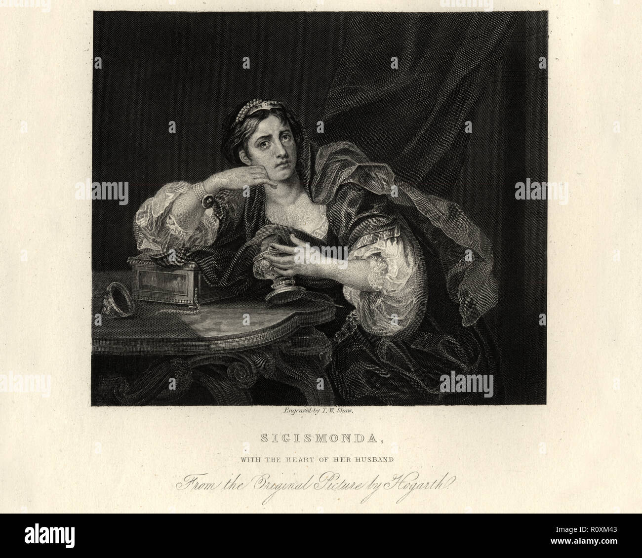 Jahrgang der Gravur des von William Hogarth, Sigismunda Trauer das Herz von guiscardo. Sigismunda Trauer das Herz von Guiscardo Stockfoto