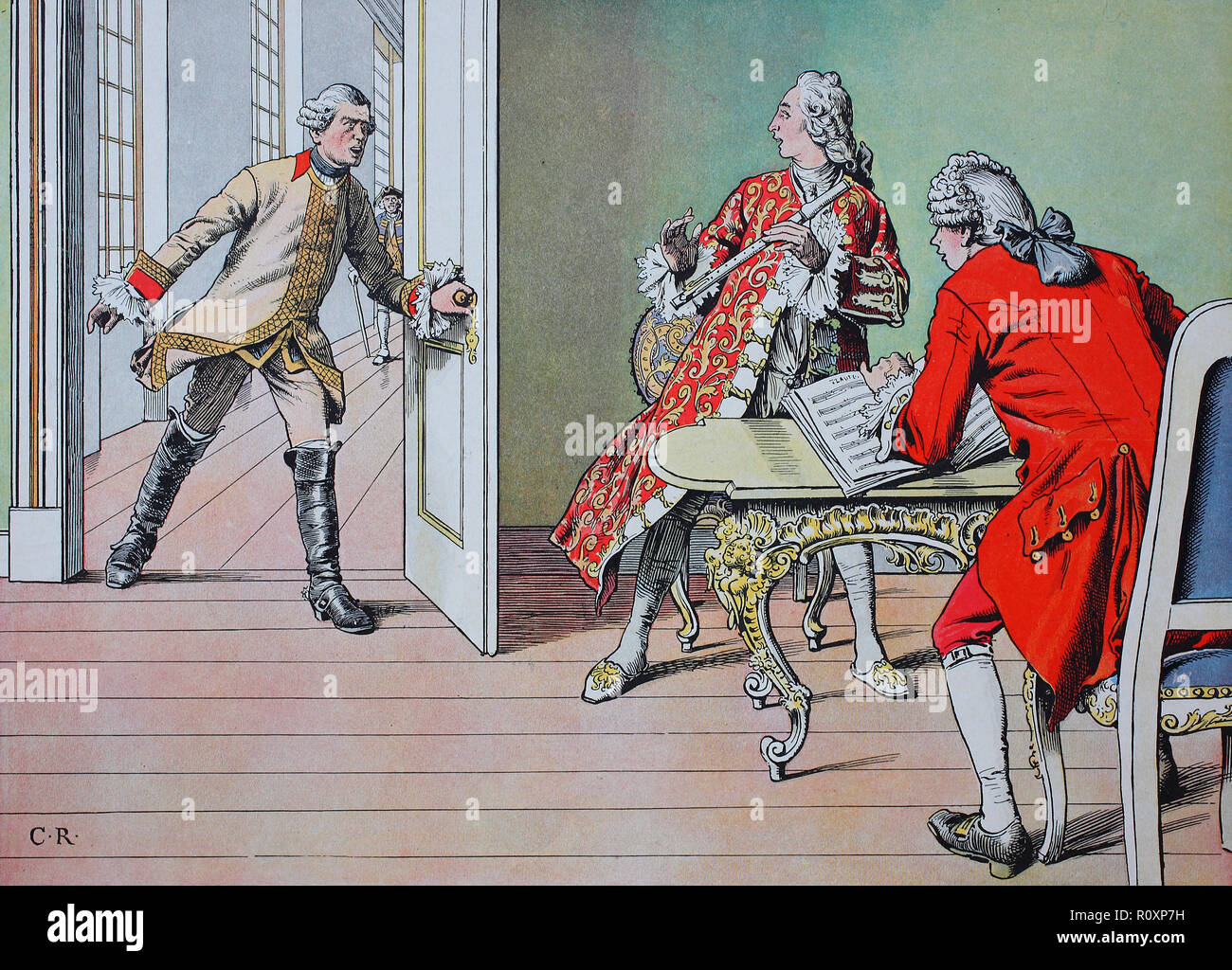 Digital verbesserte Reproduktion, König Friedrich der Große, Friedrich II., Friedrich der Große, Friedrich II. 1712 - 1786 In seiner jungen Zeiten mit dem Musiklehrer Quantz, 1729 Stockfoto