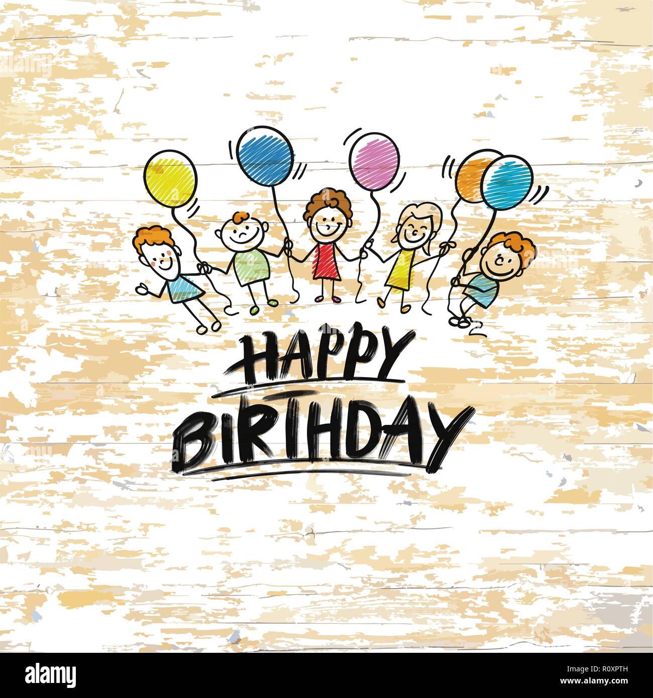 Happy birthday mit Zicklein auf Holz- Hintergrund. Vector Illustration von Hand gezeichnet. Stock Vektor