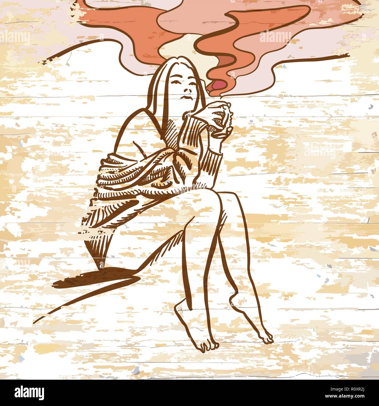 Jahrgang Mädchen trinken Kaffee Zeichnung auf Holz- Hintergrund. Vector Illustration von Hand gezeichnet. Stock Vektor