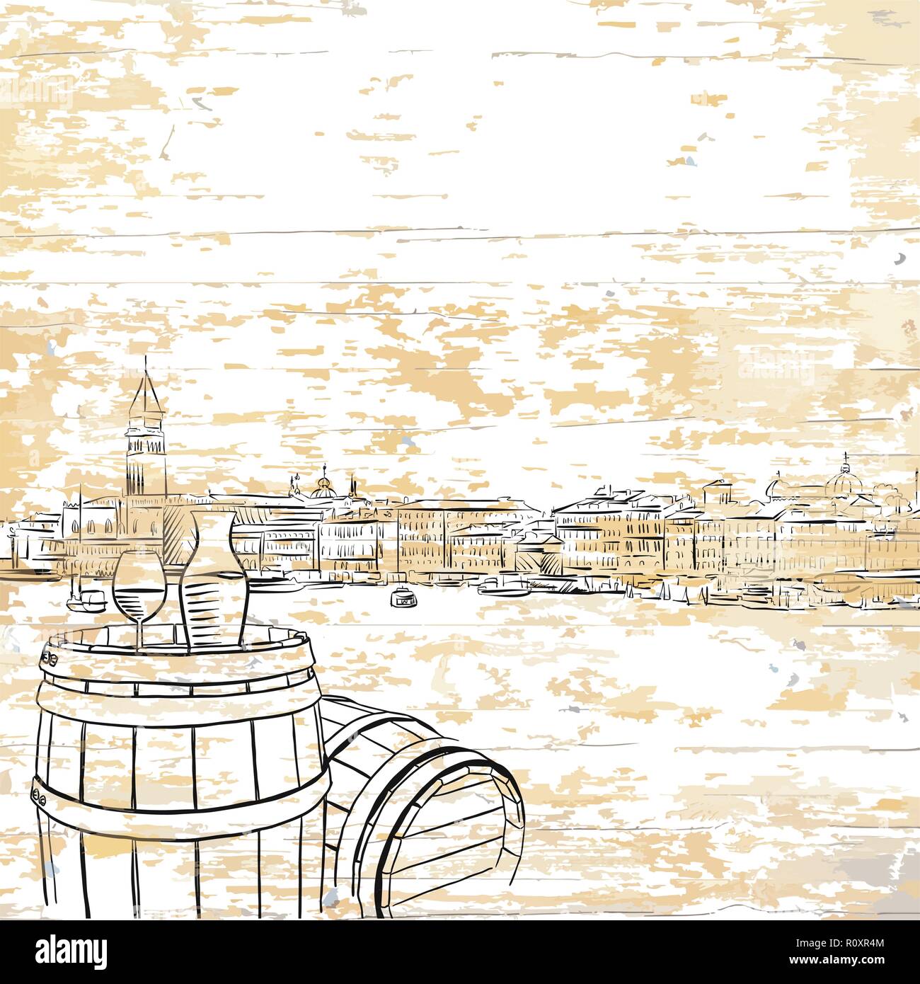 Wein Faß auf Holz- Hintergrund. Vector Illustration von Hand gezeichnet. Stock Vektor