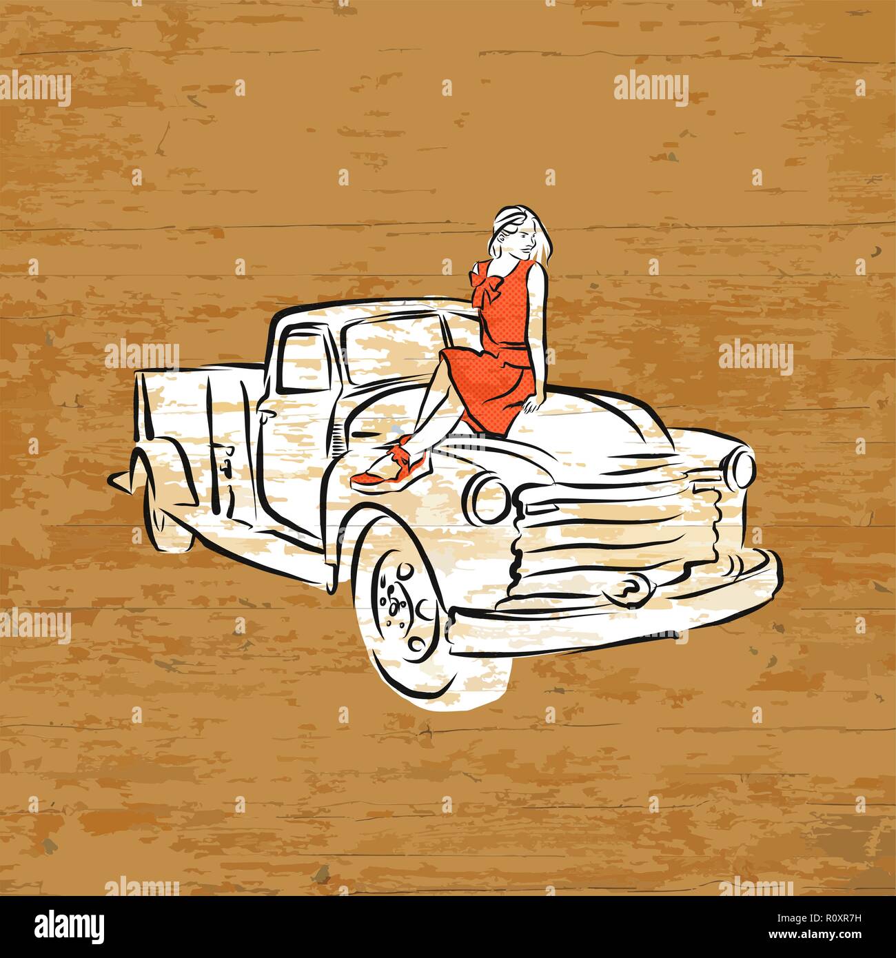 Vintage Pickup Truck auf Holz- Hintergrund. Vector Illustration von Hand gezeichnet. Stock Vektor