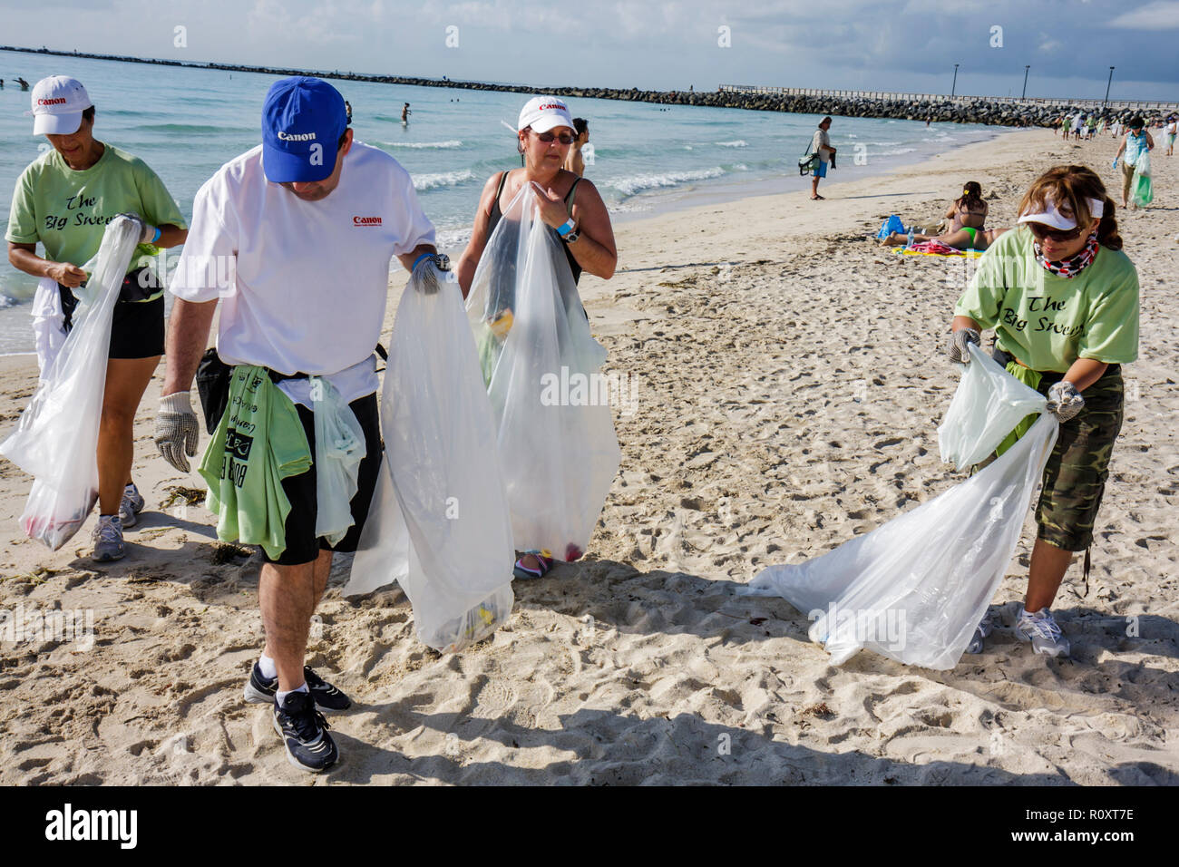 Miami Beach Florida, Atlantik, Wasser, öffentlicher Strand, Küste, ECOMB Big Sweep, Freiwillige Freiwillige Freiwillige arbeiten Arbeiter, Teamarbeit Stockfoto