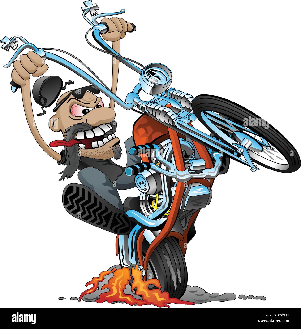 Crazy Biker auf einem Old School chopper Motorrad cartoon Vector Illustration Stock Vektor