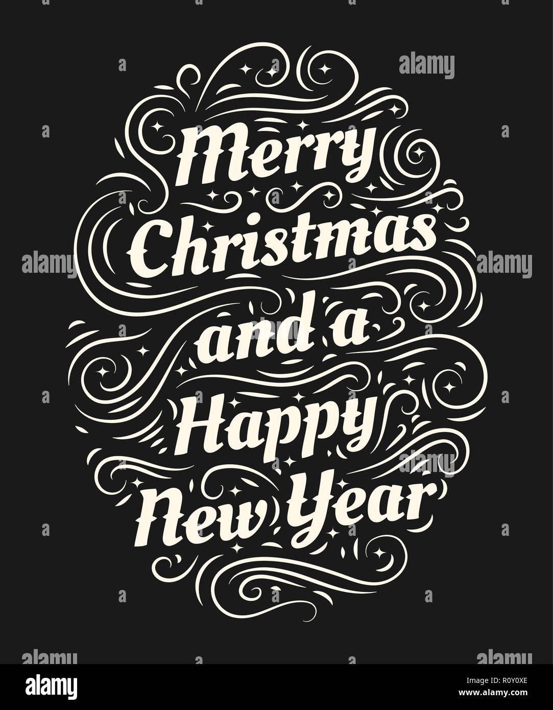 Frohe Weihnachten und einen guten Rutsch ins Neue Jahr Hand gezeichnet Schriftzug Stock Vektor