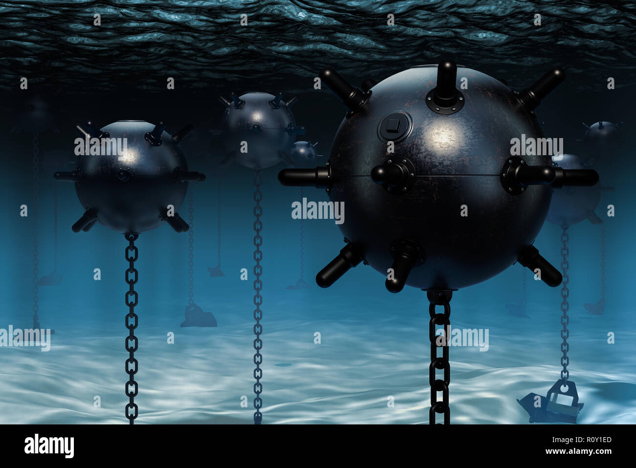 Unterwasser Minen, naval Minen. 3D-Rendering Stockfoto