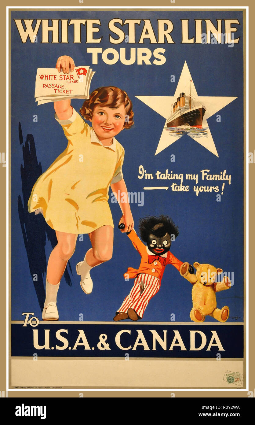 Vintage Steamship Poster Werbung White Star Line Touren in die USA Und Kanada 1930 mit Kind hält ihre Passage Ticket und Lieblings-Kuscheltiere inklusive einem sehr politisch falschen schwarzen Kuscheltier Puppe (damals Golliwog genannt, ursprünglich Golliwogg geschrieben) Stockfoto