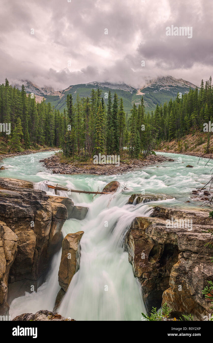 Sunwapta Fall ist ein spektakulärer Wasserfall der Sunwapta River im Jasper National Park, Alberta, Kanada. Stockfoto