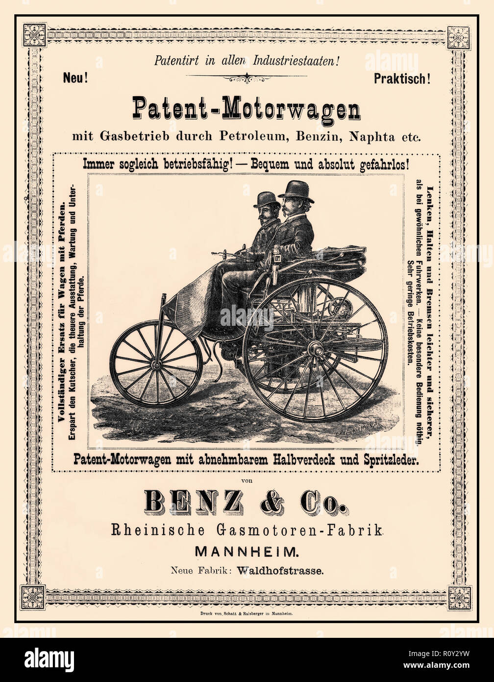 BENZ MOTORWAGEN Vintage historische Werbung 1886 für "Der Patent-Motorwagen "Carl Benz seinen Patent-Motorwagen, erste Motor Auto der Welt, im Jahr 1886 vorgestellt. Von 1894 waren insgesamt 25 gebaut worden, mit Motor Ausgänge variiert zwischen 1,5 und 3 PS (1.1-2.2 kW). Die ursprüngliche Patent-Motorwagen war die Art I. hatte es Stahl - speichenräder sowie weitere konstruktive Details, die ihre Cue von State-of-the-art Fahrrad herstellen. Stockfoto
