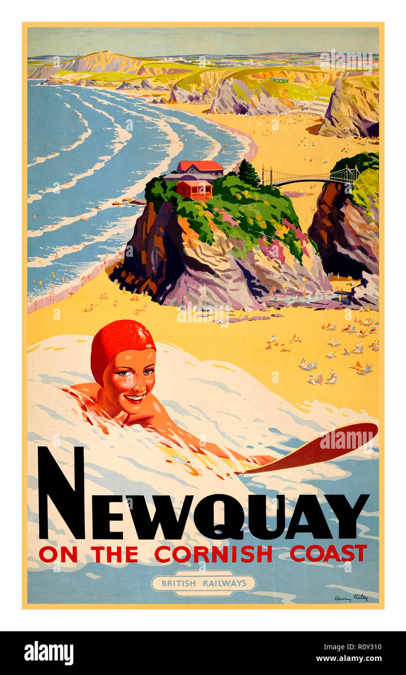 1940 von Newquay Cornwall Strand Meer Küste BRITISH RAILWAYS UK Vintage British Rail Poster 1948 Original Travel Poster Newquay Vintage weiblichen Surfen Surfen Surfer Cornwall Cornwall British Railways von H. A. Riley Stockfoto