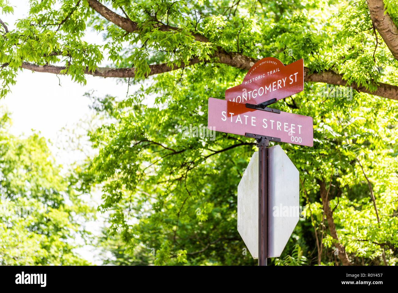 Selma nach Montgomery, USA historische Straße Straßenschild closeup während des Tages in der Hauptstadt Alabama Stadt im Zentrum von Old Town Historic Trail Stockfoto