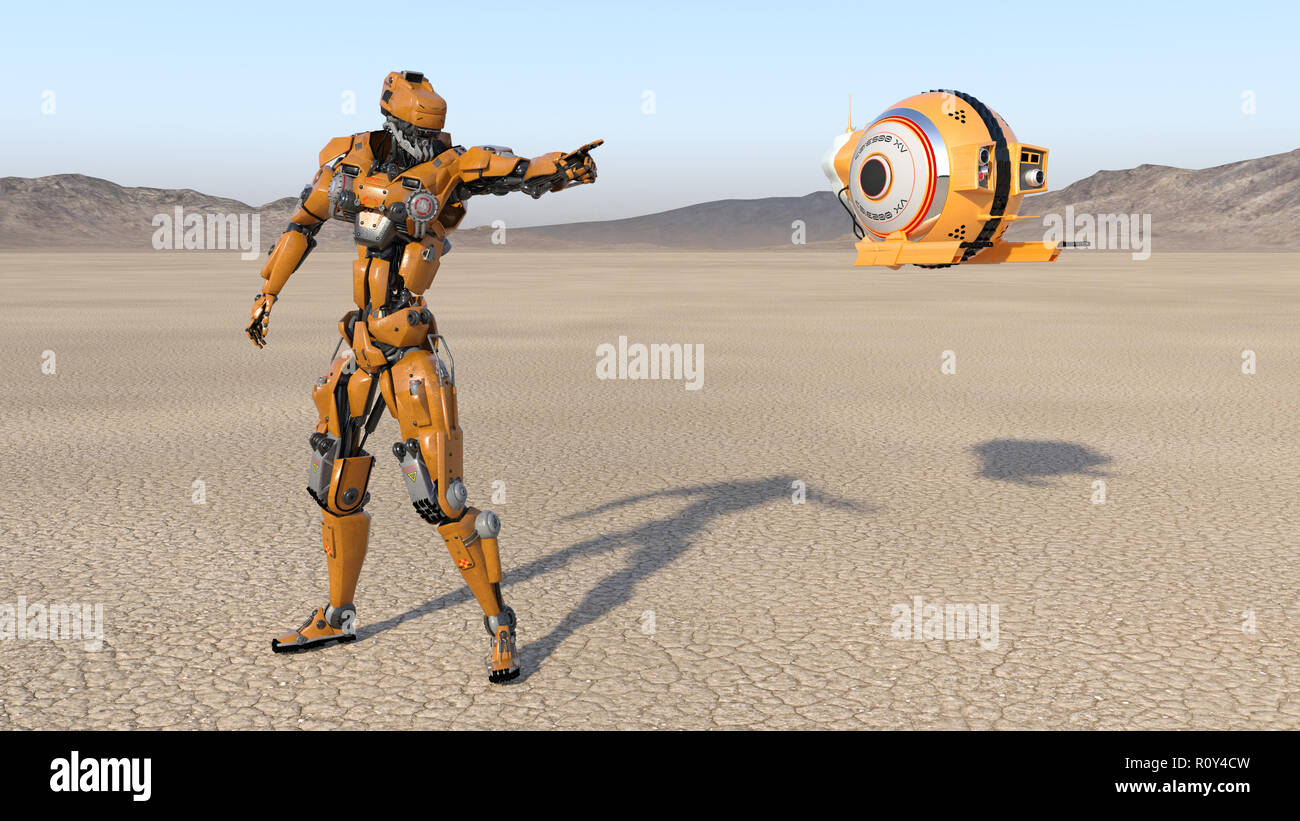 Cyborg Arbeiter mit Flying drone zeigt, humanoide Roboter mit  überwachungsflugzeuge verlassenen Planeten erkunden, mechanische Android,  3D-Rendering Stockfotografie - Alamy