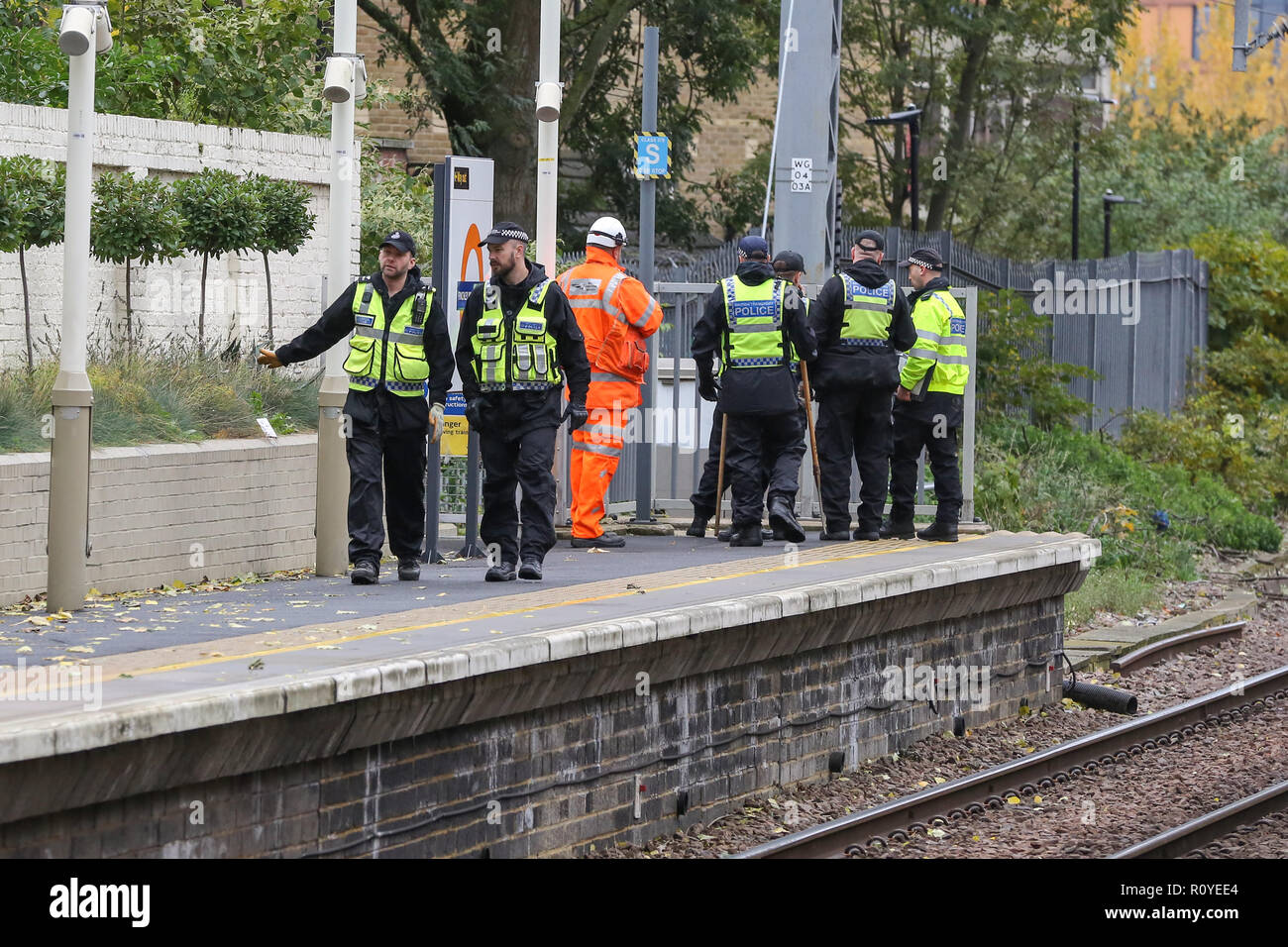 West Hampstead. London. UK 6 Nov 2018 - British Transport Police suche Team führt die Suche in der Nähe von Finchley Road und Frognal S-Bahnhof ein Mann in seinem jugendlich auf Billy Fury Weg Lithos Road in West Hampstead am Dienstag abend erstochen wurde. Die jugendlich ist, berichtet in einem "kritischen Zustand" im Krankenhaus zu sein. Scotland Yard Commander Stuart Cundy sagte zusätzliche Polizisten in jedem Bezirk eingesetzt wurden. Credit: Dinendra Haria/Alamy leben Nachrichten Stockfoto