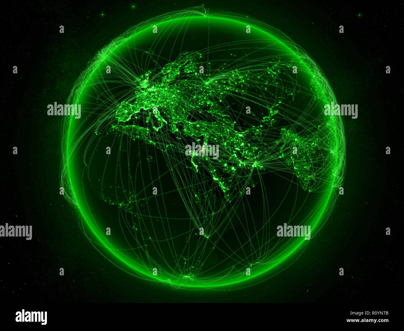 Israel von Platz auf dem Planeten Erde mit grünen Netzwerk für internationale Kommunikation, Technik und Reisen. 3D-Darstellung. Elemente der Thi Stockfoto