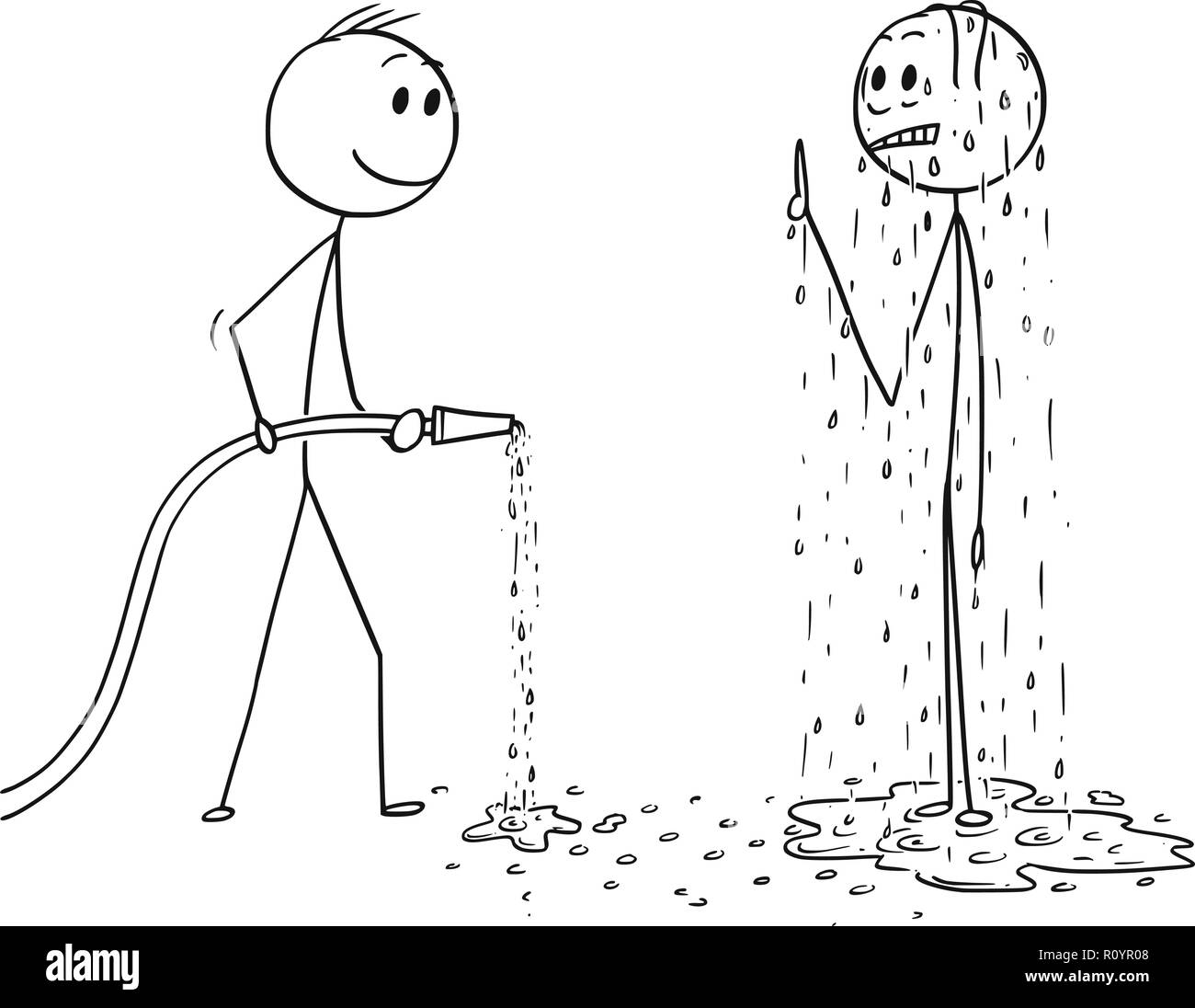 Cartoon von überrascht Nass Mann und einem anderen Mann mit Schlauch Stock Vektor