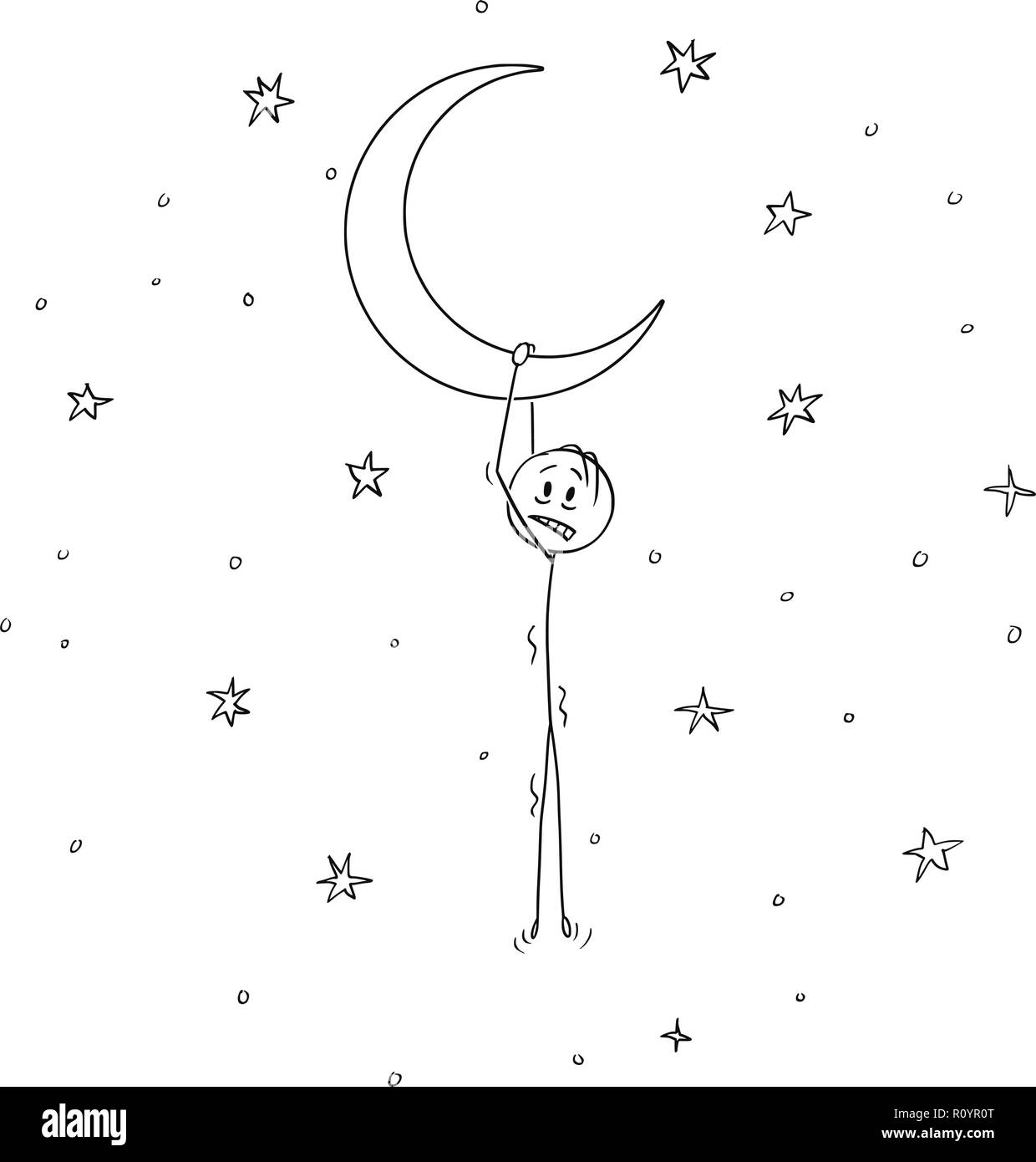 Cartoon von Mann Träumer hängen an der Crescent oder Gehörnten Mond Stock Vektor
