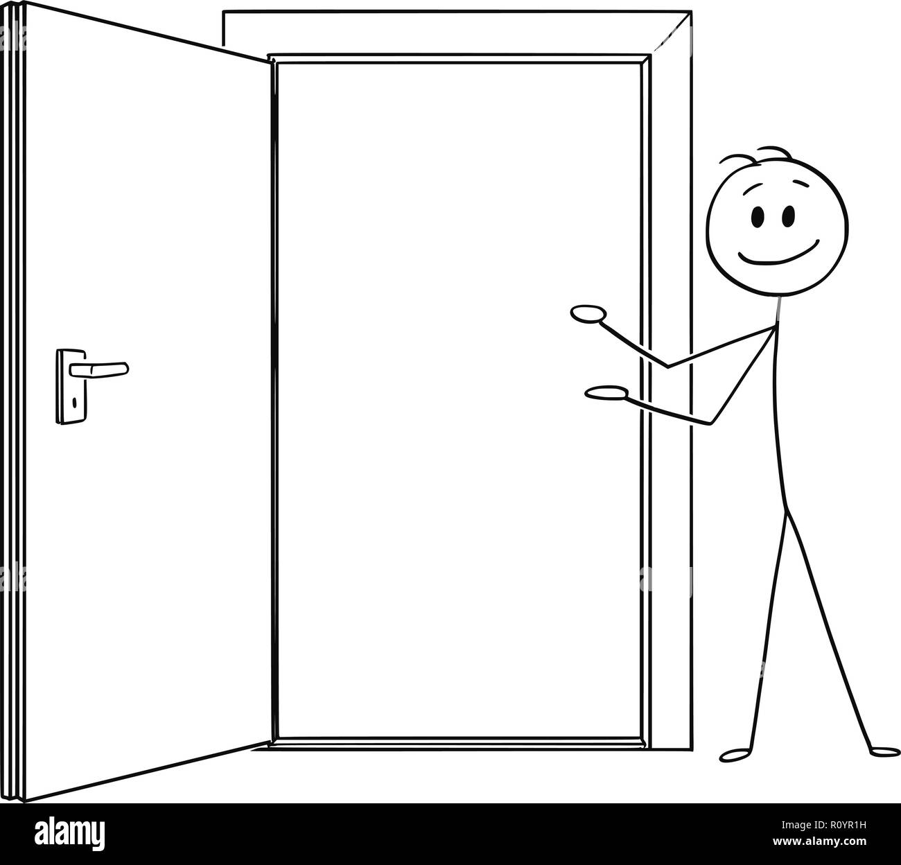 Cartoon von Mann oder Geschäftsmann einladend zu gehen durch die Tür öffnen Stock Vektor