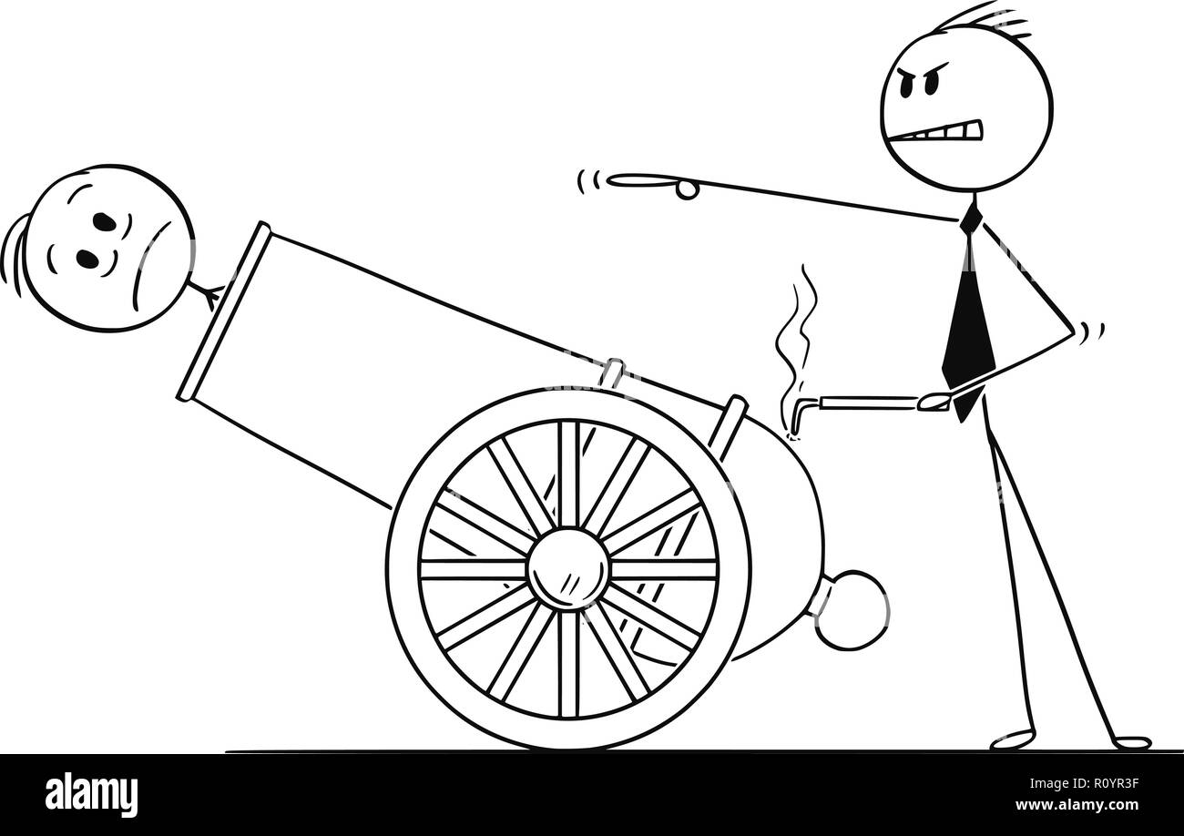 Cartoon von Mann oder Geschäftsmann von Job in der Kanone gefeuert. Stock Vektor