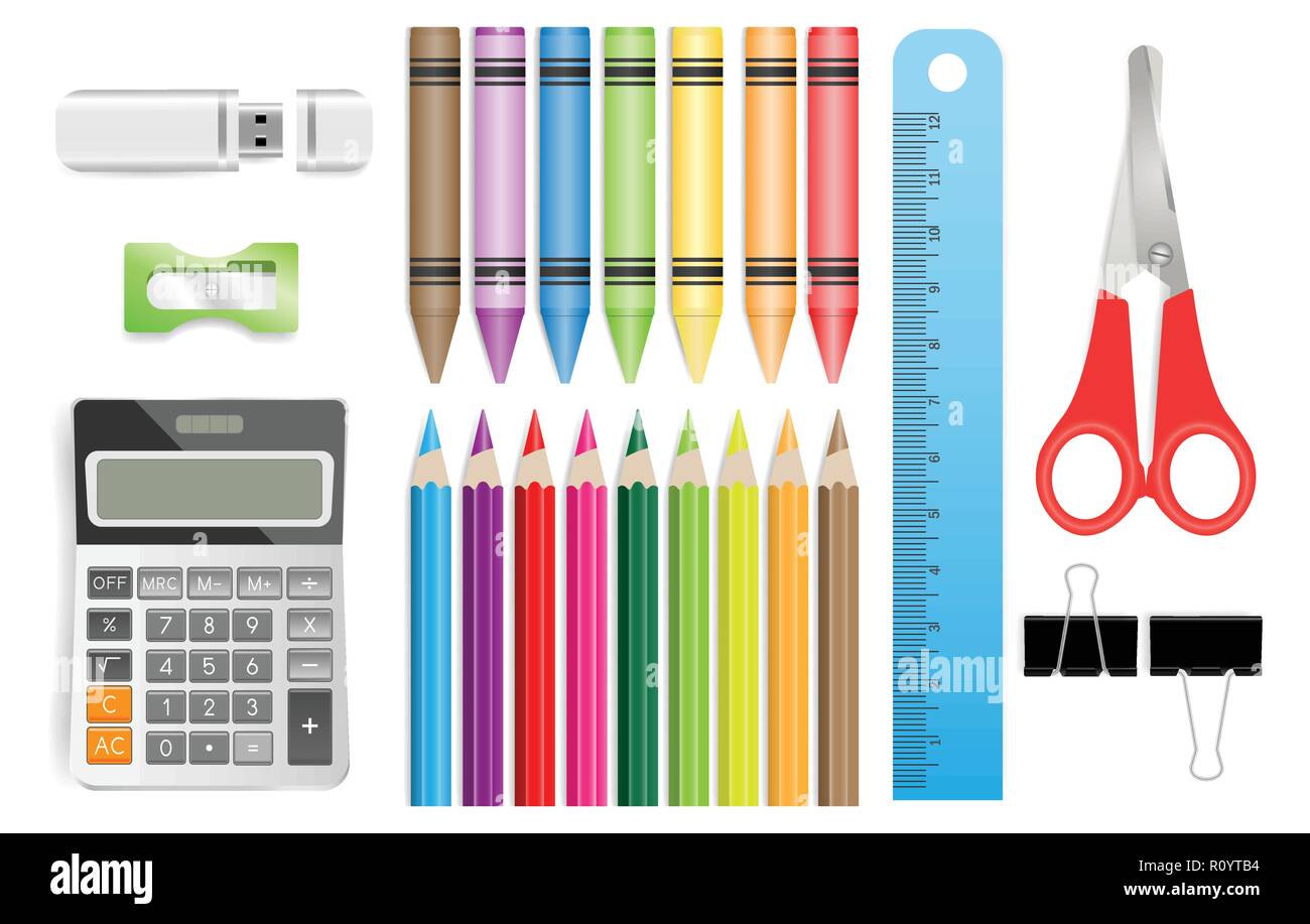 Schulmaterial mit Taschenrechner, Buntstifte, Lineal, Schere, USB-Flash-Laufwerk, Spitzer, schwarze Büroklammern. Vector Illustration Stock Vektor