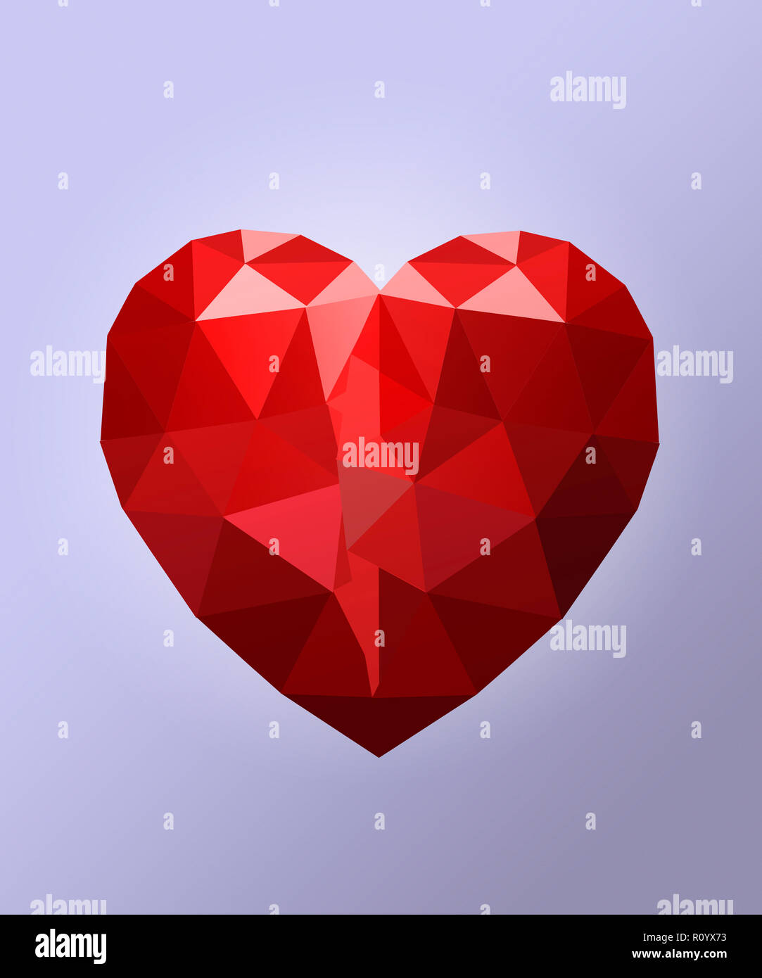 Facettierte rote Herzen Form gegen lila Hintergrund, Low Poly Kunst Stockfoto