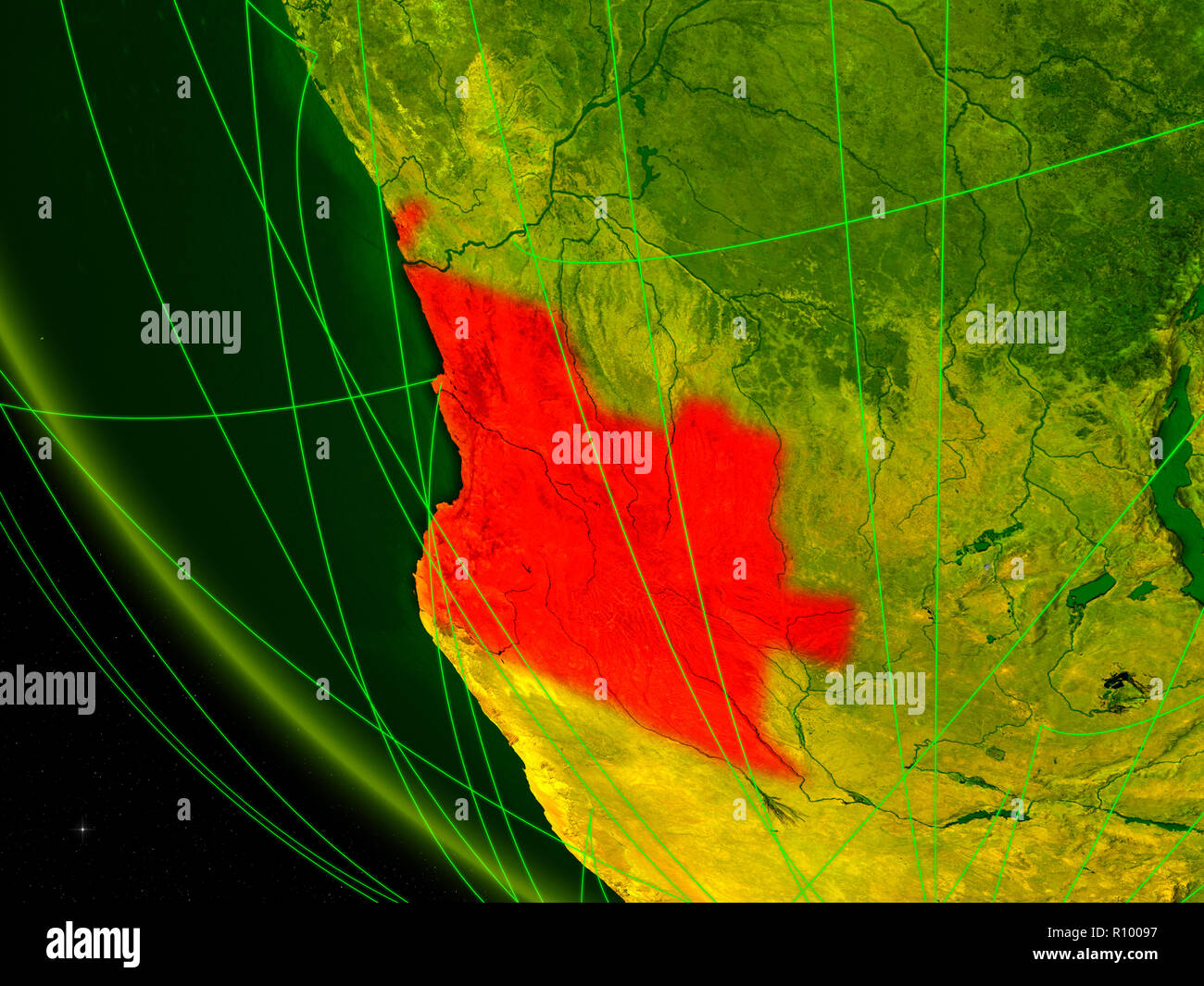 Angola auf Digital Planet Erde vom Weltraum aus mit Netzwerk. Konzept der internationalen Kommunikation, Technik und Reisen. 3D-Darstellung. Elemente der Th Stockfoto