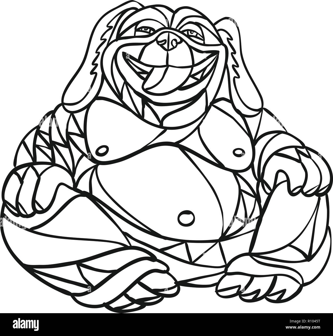 Mosaik low polygon Stil Abbildung: Ein lachender Hund Buddha sitzend von vorne gesehen auf isolierten weißen Hintergrund in Schwarz und Weiß. Stock Vektor