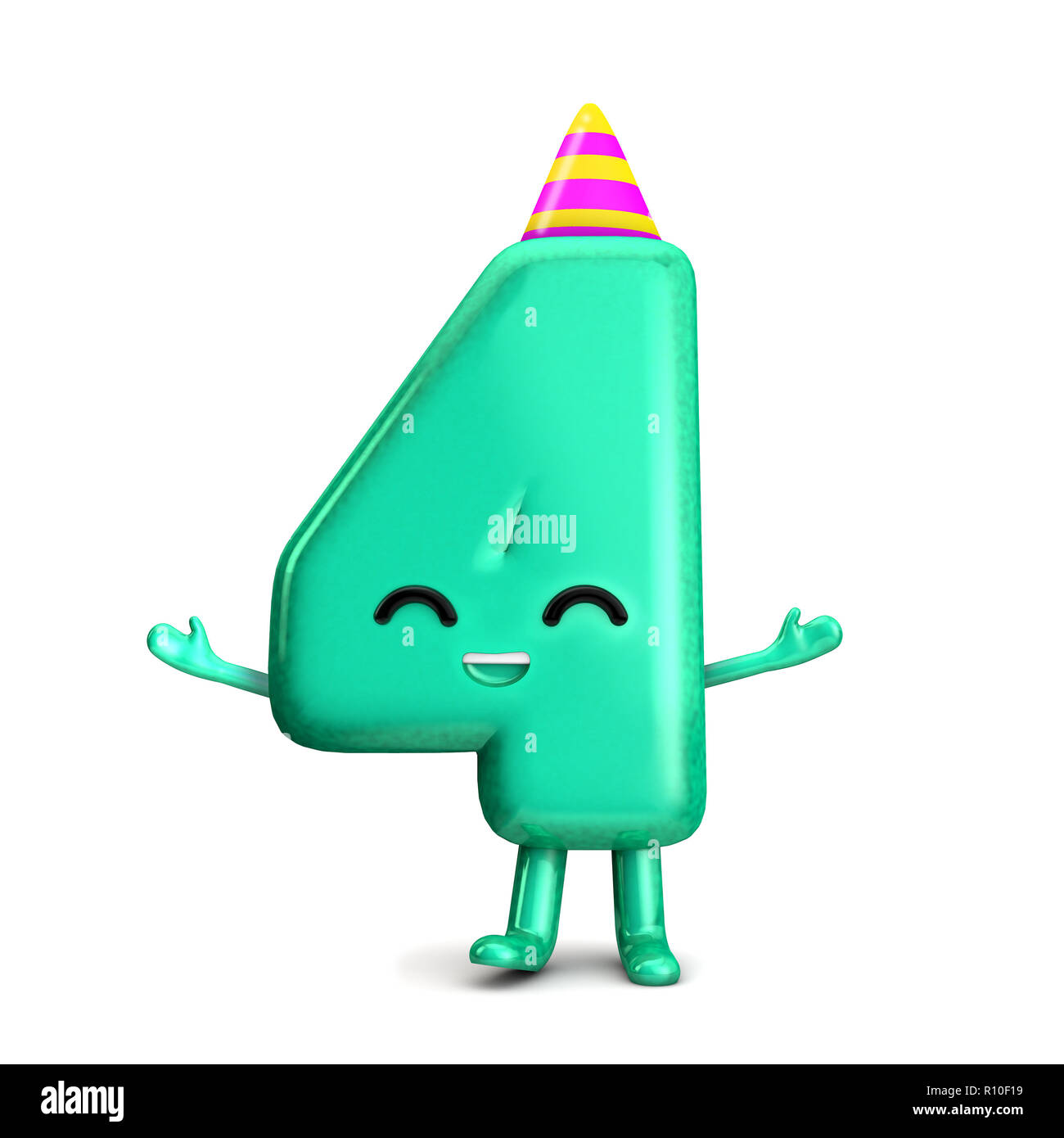 Glücklich 4. Geburtstag niedlichen Charakter mit Hut. 3D-Rendering Stockfoto