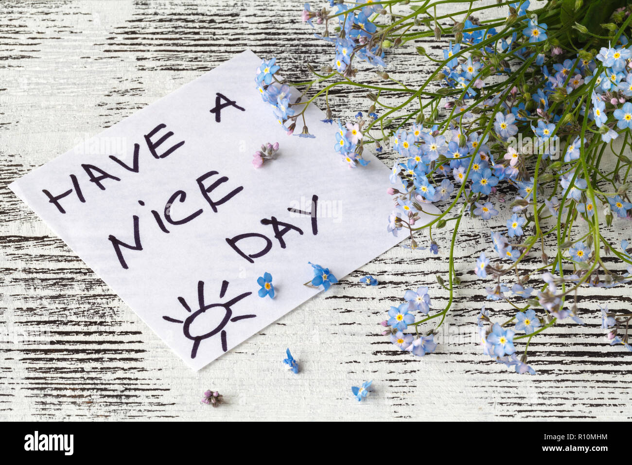 Zitat "Einen schönen Tag" auf Papier mit Vergiss mich nicht Blumen geschrieben Stockfoto