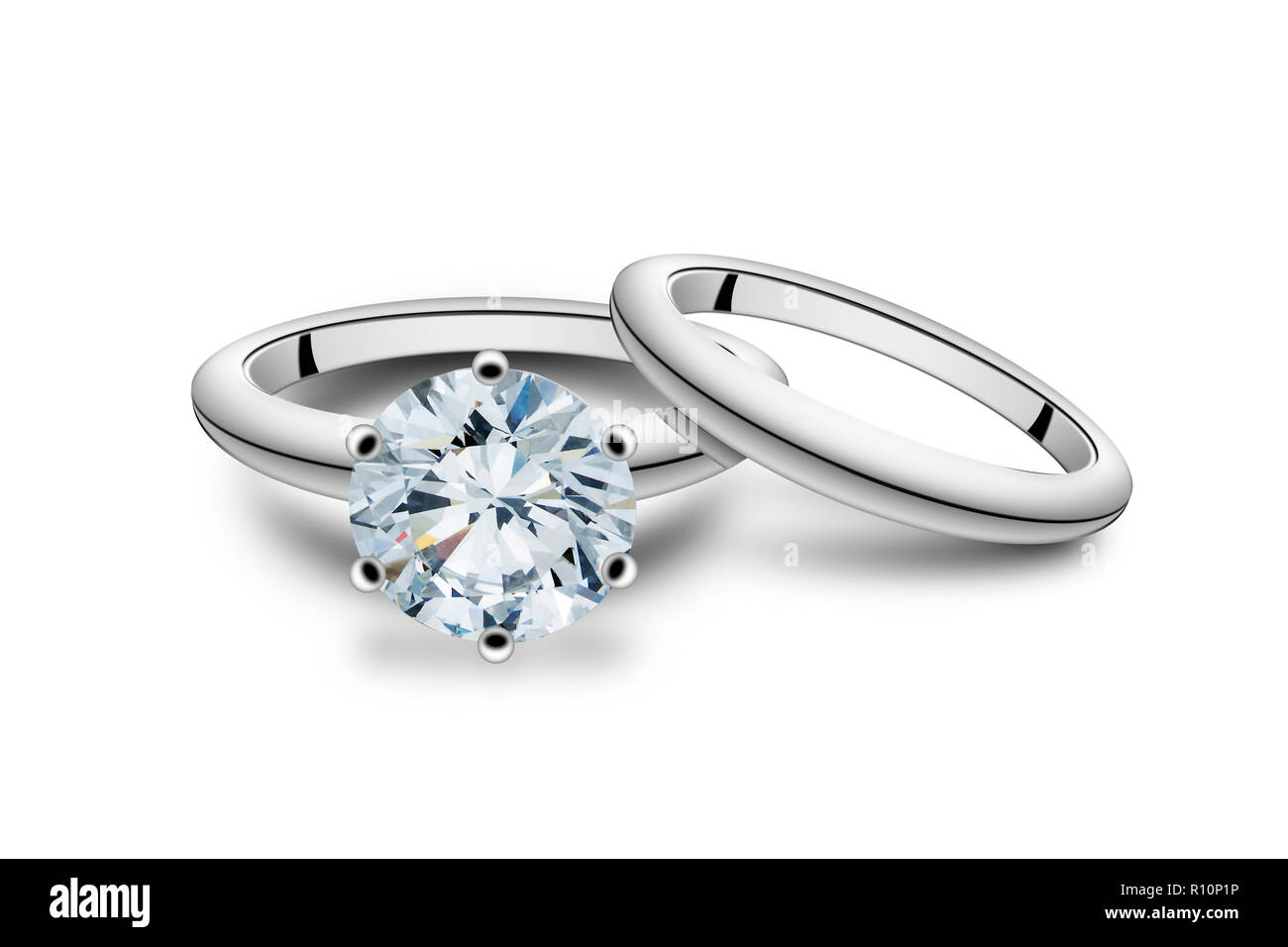 Silberne Hochzeit und Verlobungsringe mit Solitaire Diamant, Studio shot Stockfoto