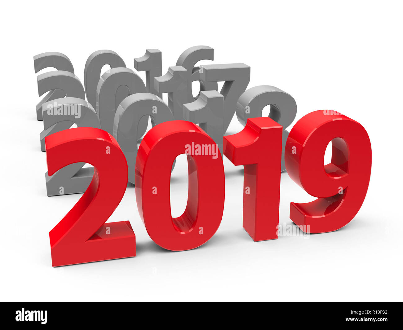 2019 kommen auf einem weißen Tisch steht für das neue Jahr 2019, 3D-Rendering, 3D-Darstellung Stockfoto