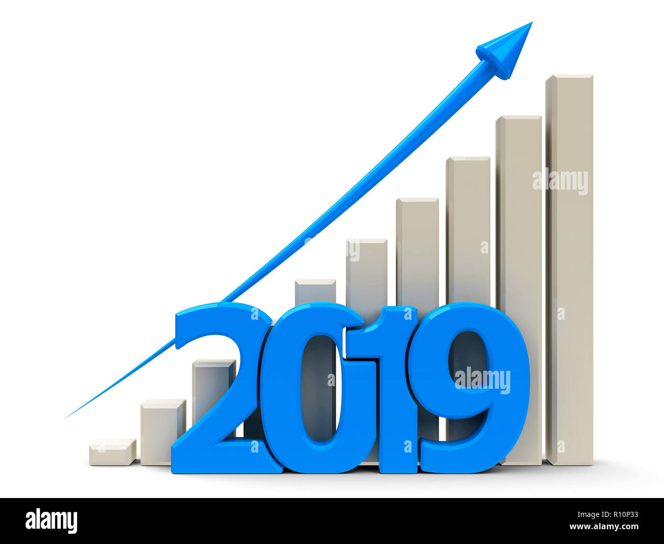 Blue Business graph mit blauem Pfeil hoch, entspricht einem Wachstum im Jahr 2019, 3D-Rendering, 3D-Darstellung Stockfoto