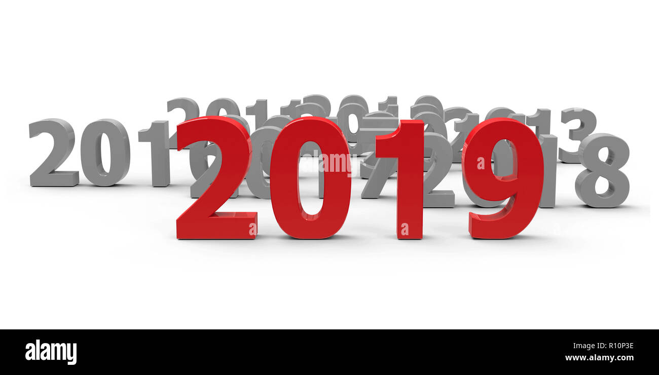 2019 kommen steht für das neue Jahr 2019, 3D-Rendering, 3D-Darstellung Stockfoto