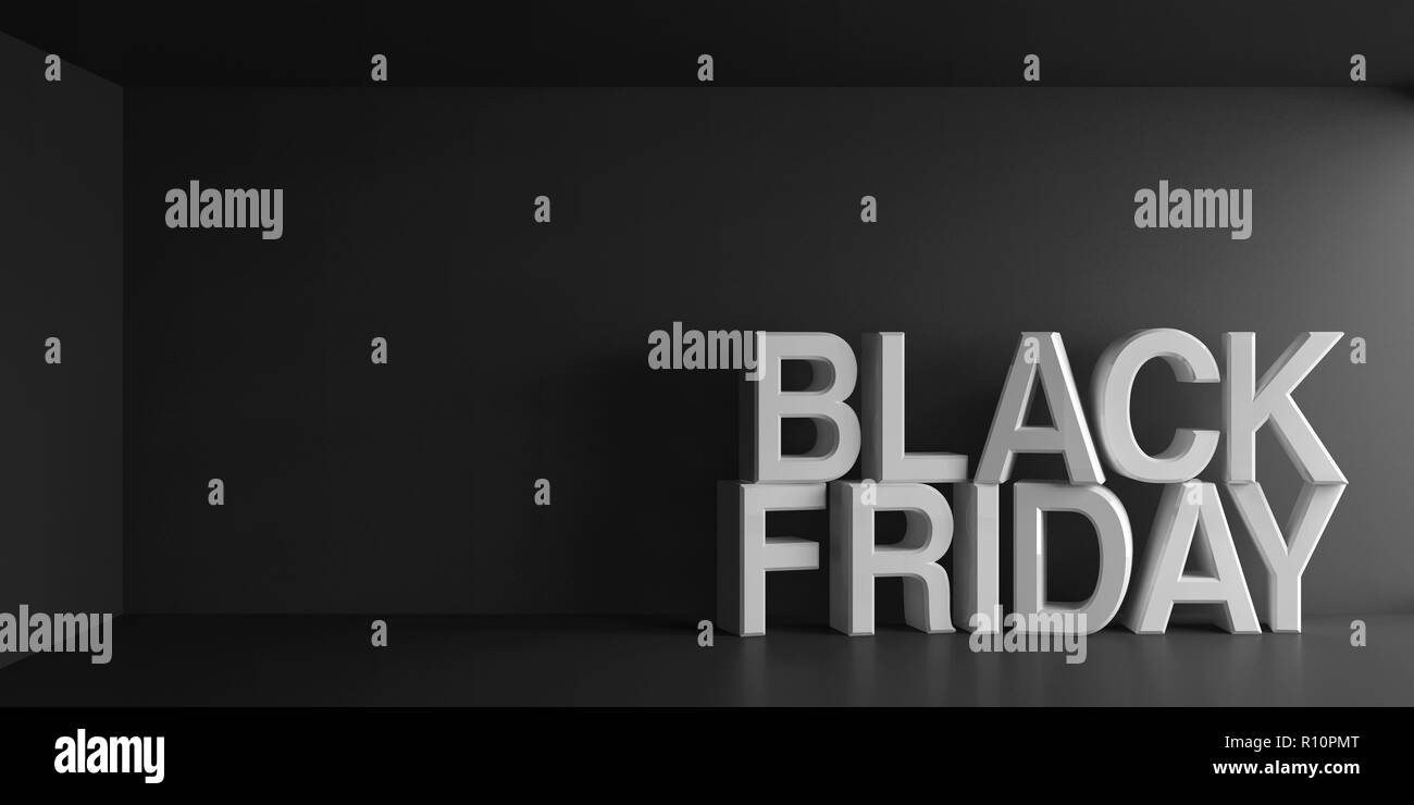 Weiß Worte Schwarzer Freitag an dunkelgrauer Hintergrund, 3D-Rendering, 3D-Darstellung Stockfoto