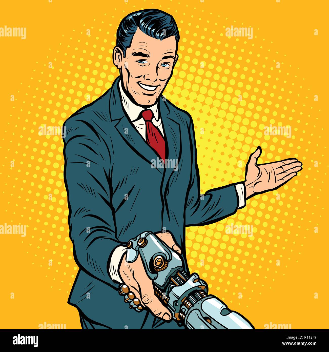 Geschäftsmann Händeschütteln mit Roboter, neue Technologie Stock Vektor