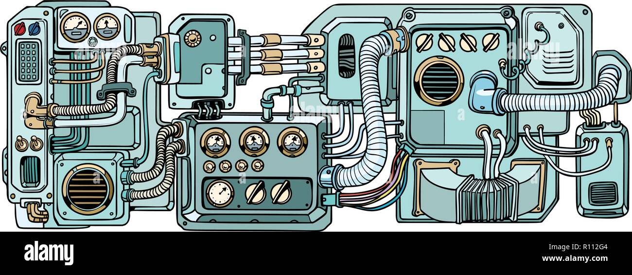 Cyberpunk Roboter Mechanismen und Maschinen. Details Der spacecr Stock Vektor
