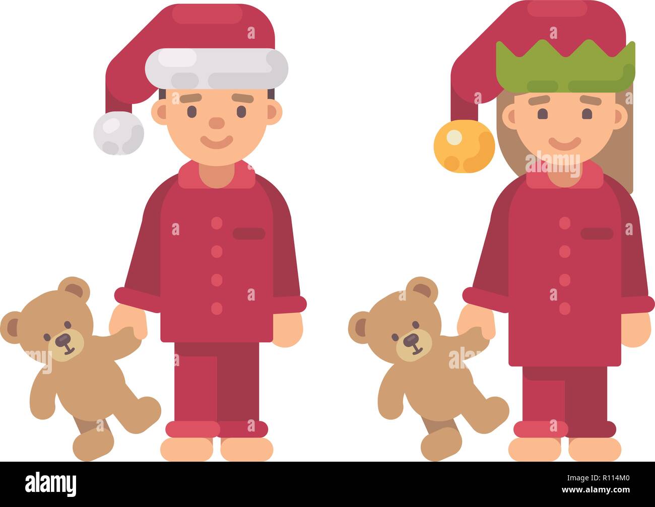 Zwei Kinder in Weihnachten Hüte und roten Schlafanzug holding Teddybären Stock Vektor