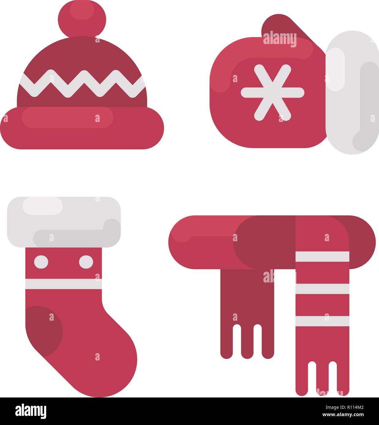 Satz von winterkleidung Flachbild Abbildung. Mütze, Handschuh, Bevorratung und Schal. Weihnachten flach Symbole Stock Vektor