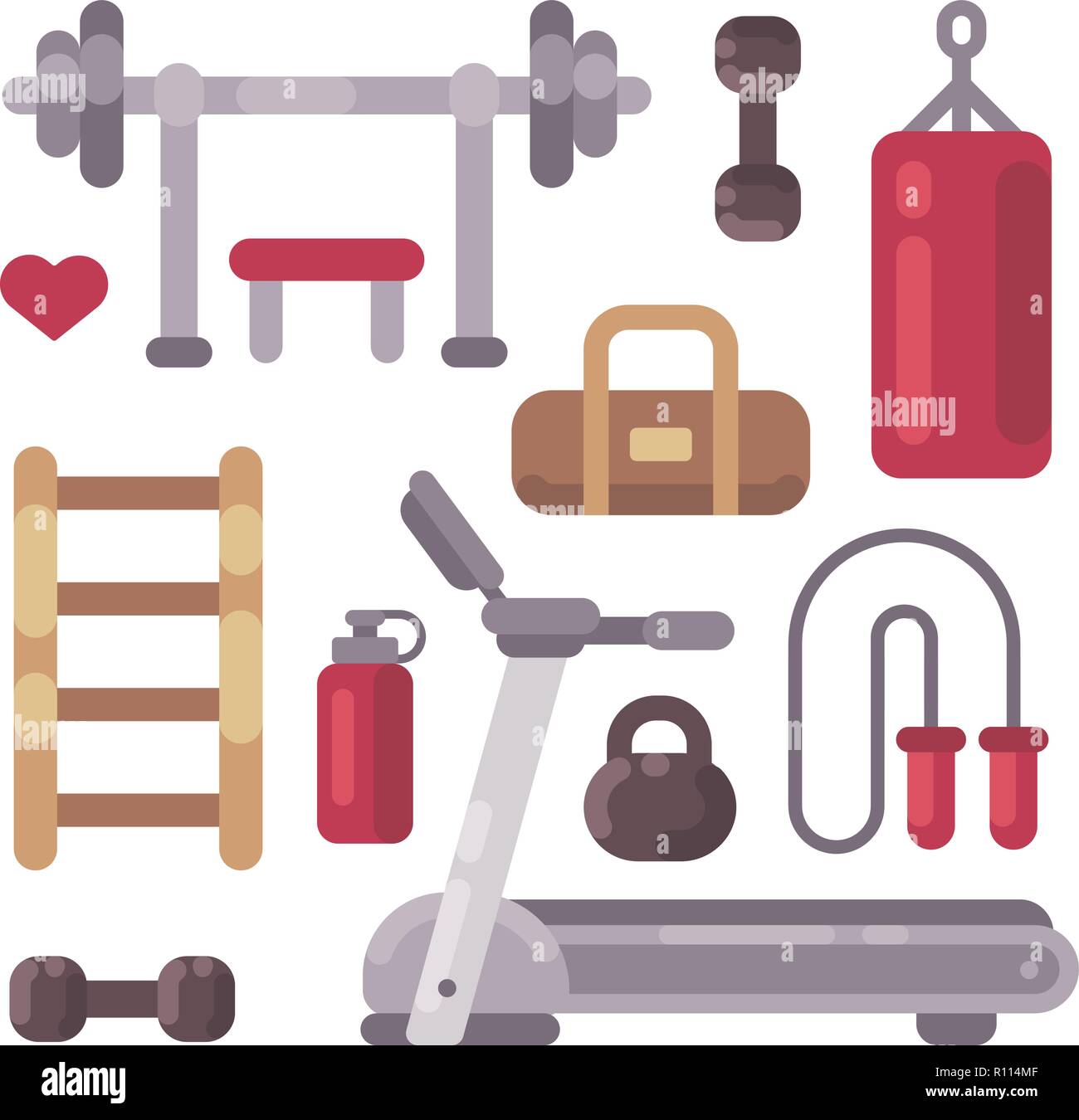 Satz von Fitnessgeräten Symbole. Sport und Fitness Objekte flach Abbildung Stock Vektor