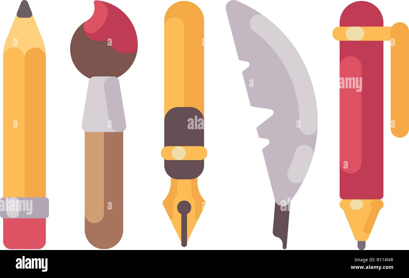 Satz schreiben und zeichnen Werkzeuge flach Symbole. Bleistift, Kugelschreiber, Feder und Pinsel Stock Vektor