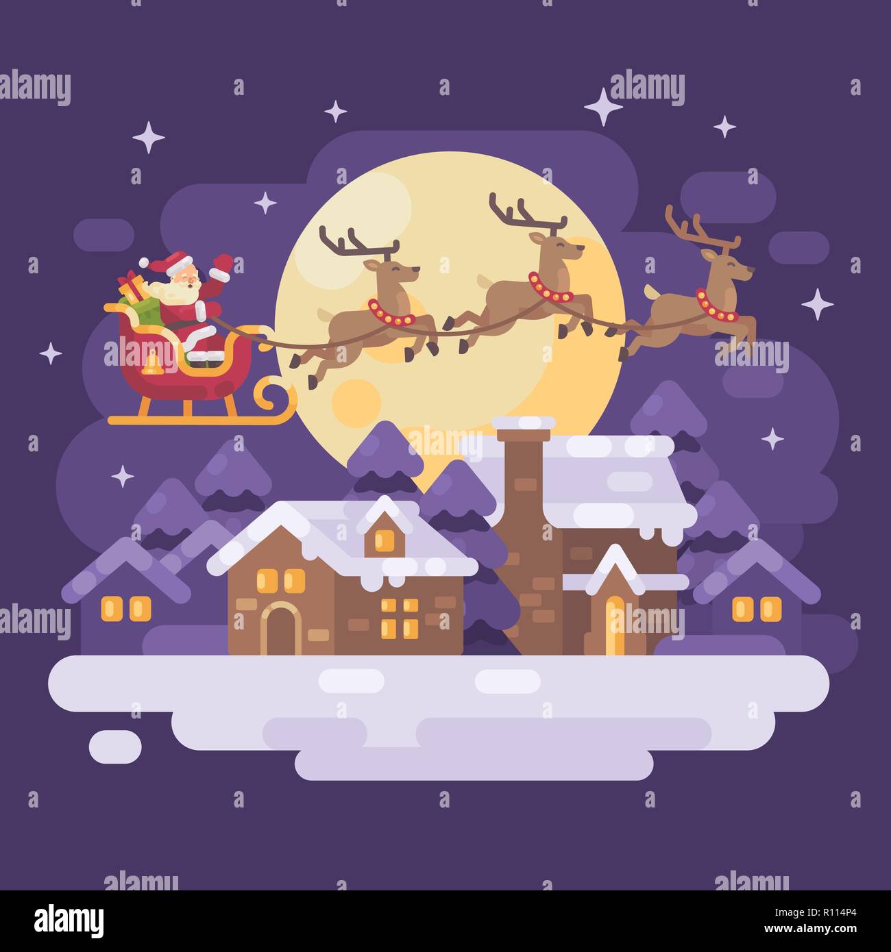 Santa Claus Flug über die verschneite Nacht Winter Dorf Landschaft in einem Pferdeschlitten durch drei Rentiere gezogen. Weihnachten flach Abbildung Stockfoto