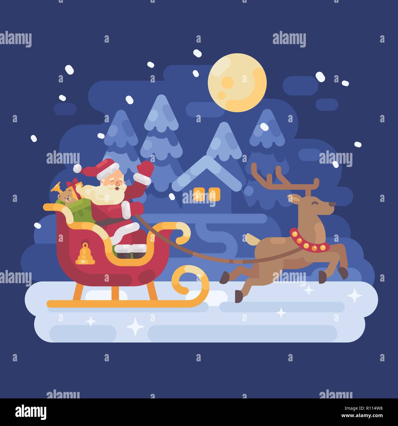 Santa Claus reiten in einem Schlitten mit Rentieren in einer verschneiten Nacht Winter Dorf Landschaft gezeichnet. Weihnachten flach Abbildung Stockfoto