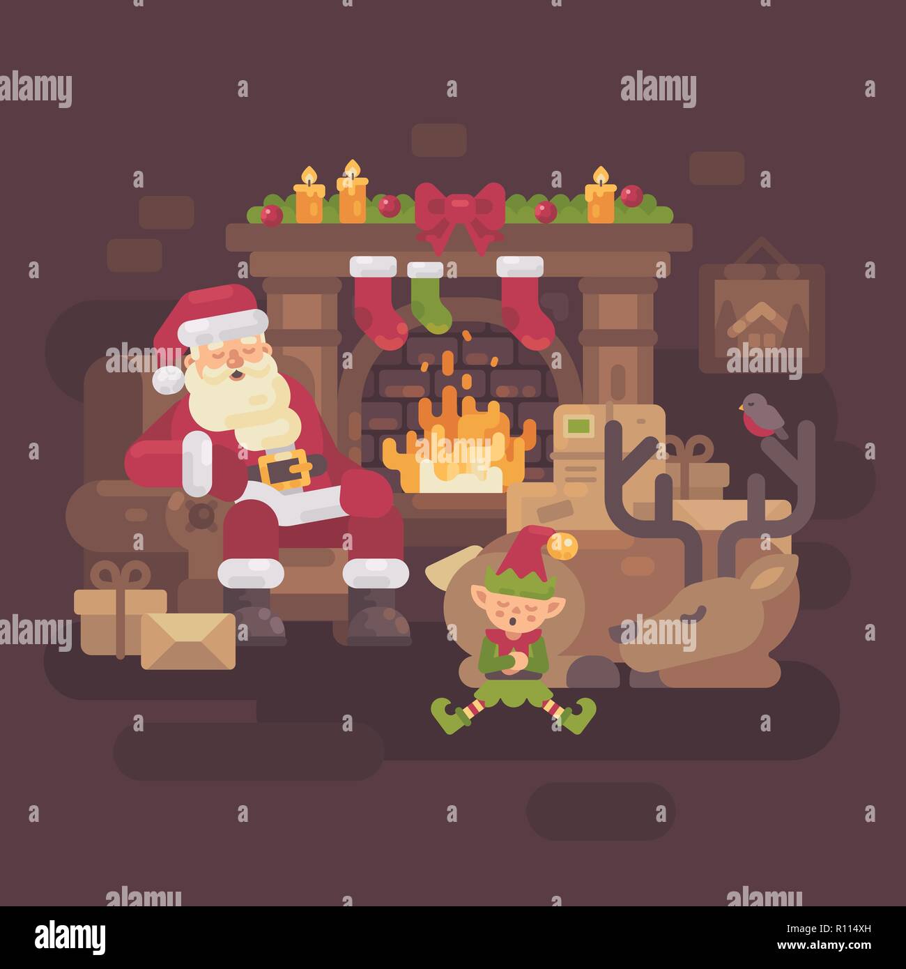 Müde Santa Claus mit seinem Rentier und elf schlafen von der Kamin nach einem harten Weihnachten Stock Vektor