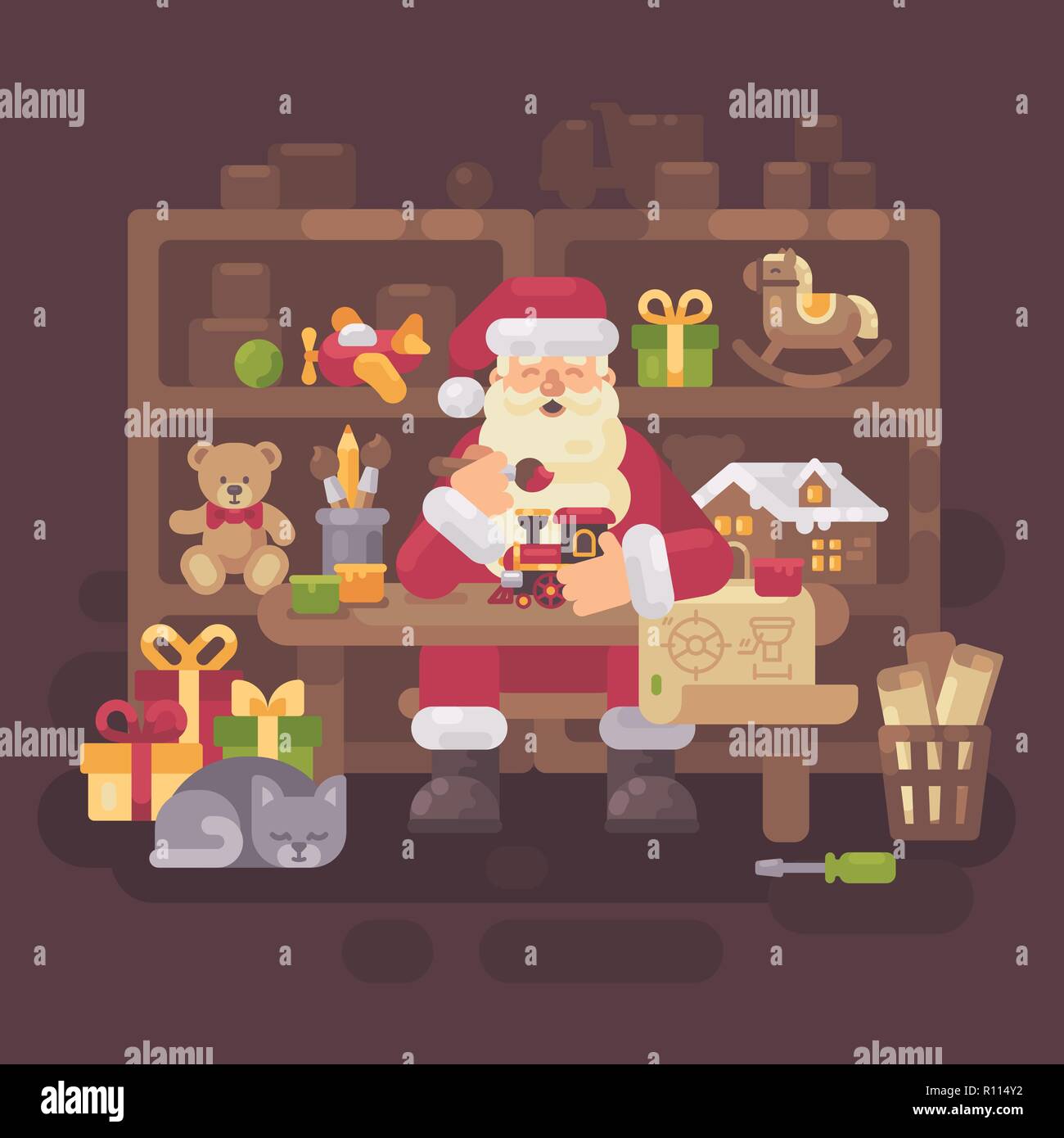 Santa Claus sitzen am Schreibtisch in seinem Workshop Spielzeug für Kinder. Weihnachten flach Abbildung Stockfoto