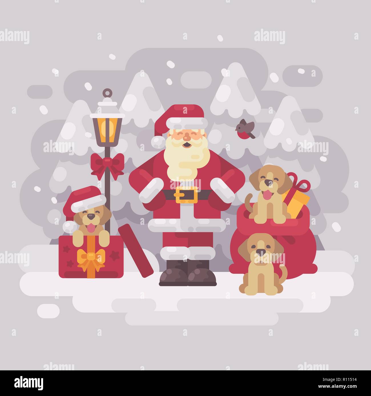 Fröhlichen Santa Claus mit drei Welpen und eine Tüte stellt in einem weißen Winter Wald stehen. Weihnachten Grußkarte. Winter Hintergrund Flachbild illus Stockfoto