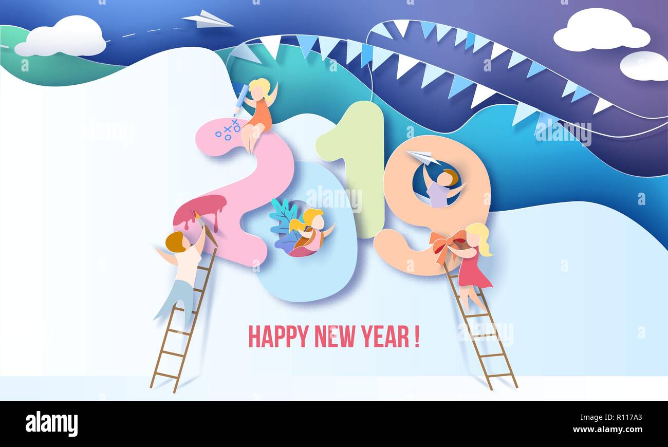2019 Neues Jahr design Karte mit Kindern, blauer Himmel. Vector Illustration. Papier geschnitten und Handwerk Stil. Stock Vektor